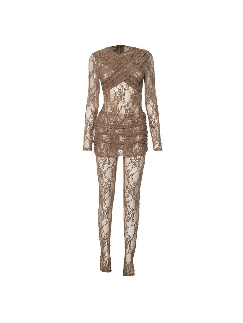 Crew Neck Patchwork Lace See Dress