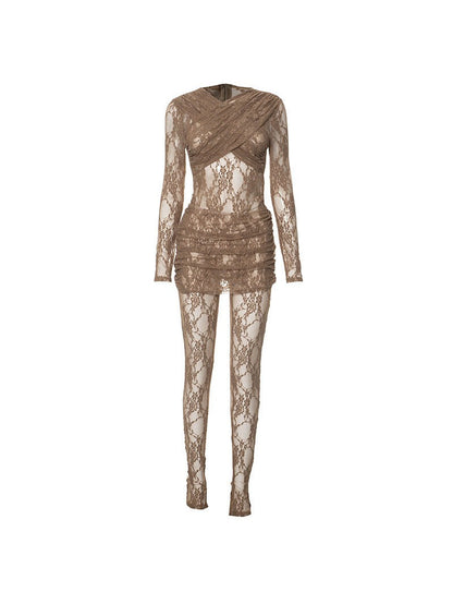 Crew Neck Patchwork Lace See Dress