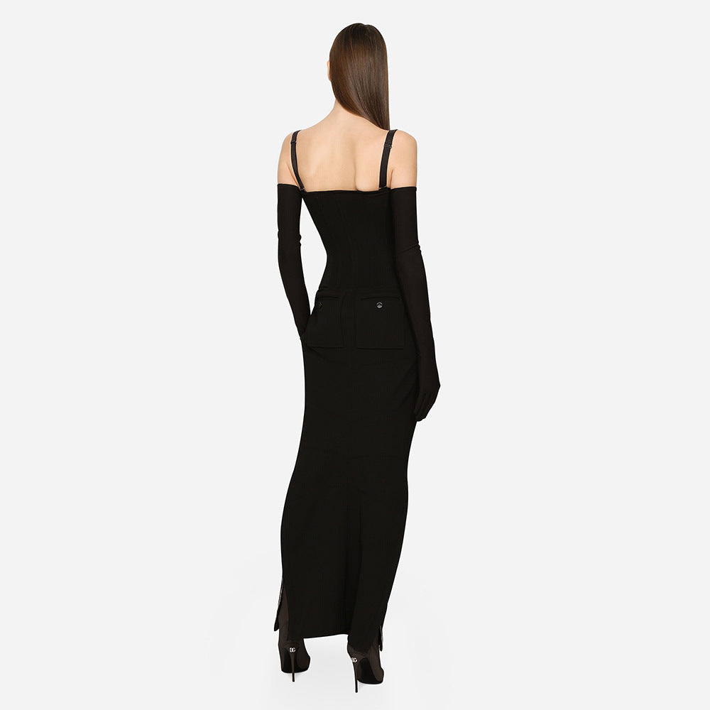 Corset Square Neck Spaghetti Strap Column Maxi Dress with Opera Gloves