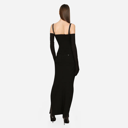 Corset Square Neck Spaghetti Strap Column Maxi Dress with Opera Gloves