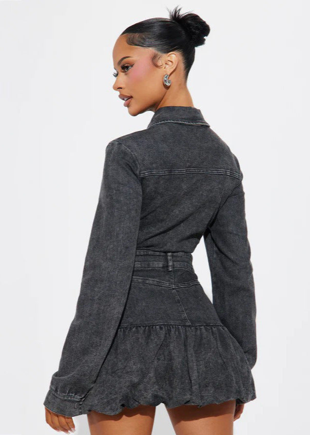 Rebel Denim Mini Dress – Fitted Button-Up with Ruffled Hem