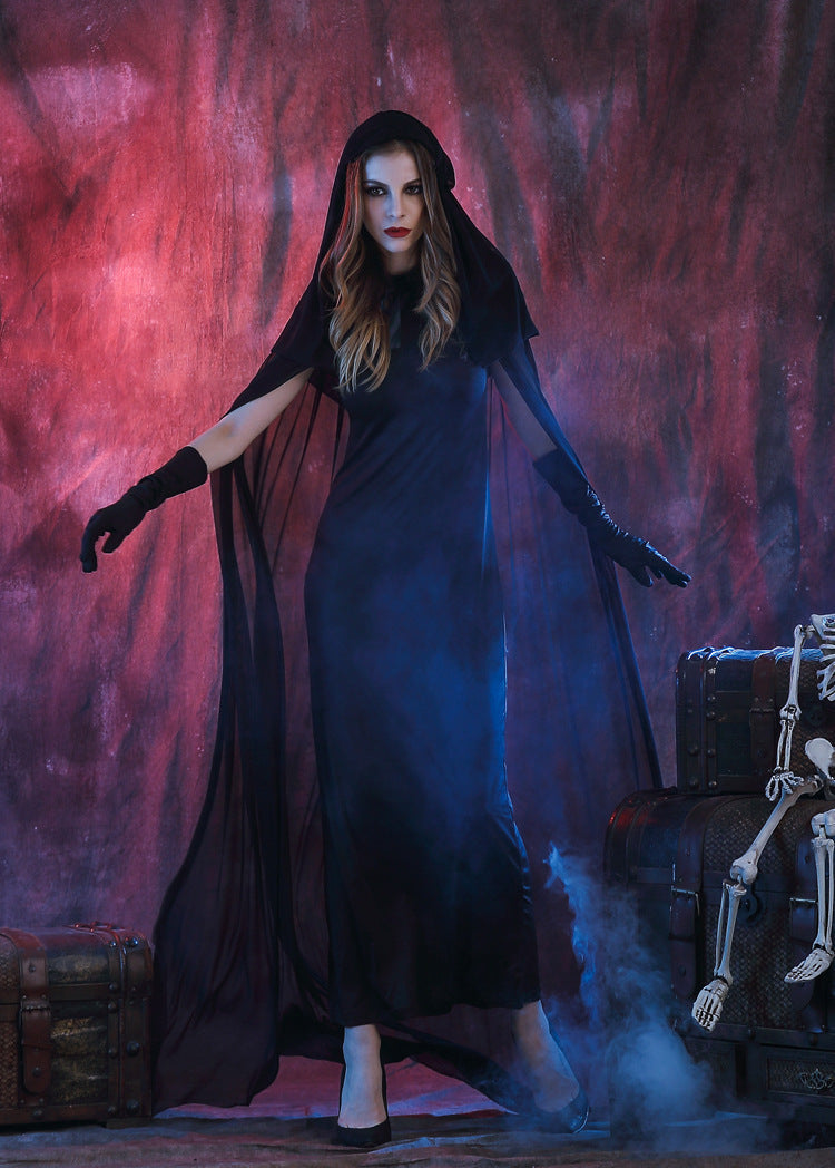 Gothic Witch Costume - Long Black Hooded Dress with Sheer Cape