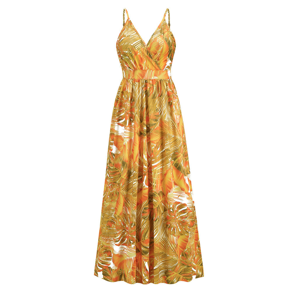 Palm Leaf Print Deep V Empire Waist A Line Maxi Dress