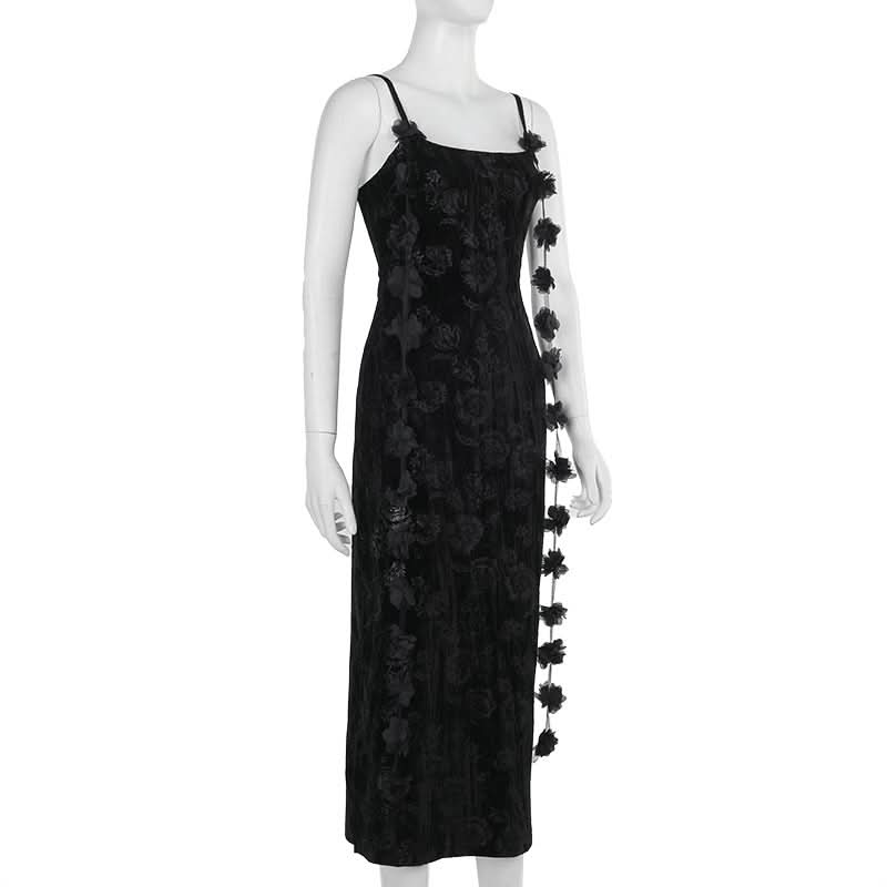 U neck velvet flower pattern slit maxi dress