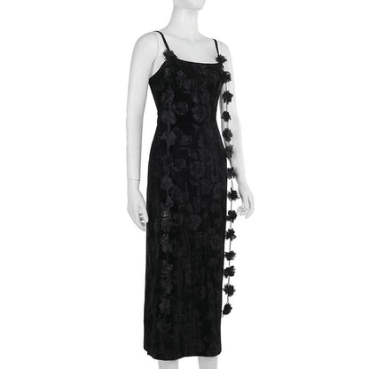 U neck velvet flower pattern slit maxi dress