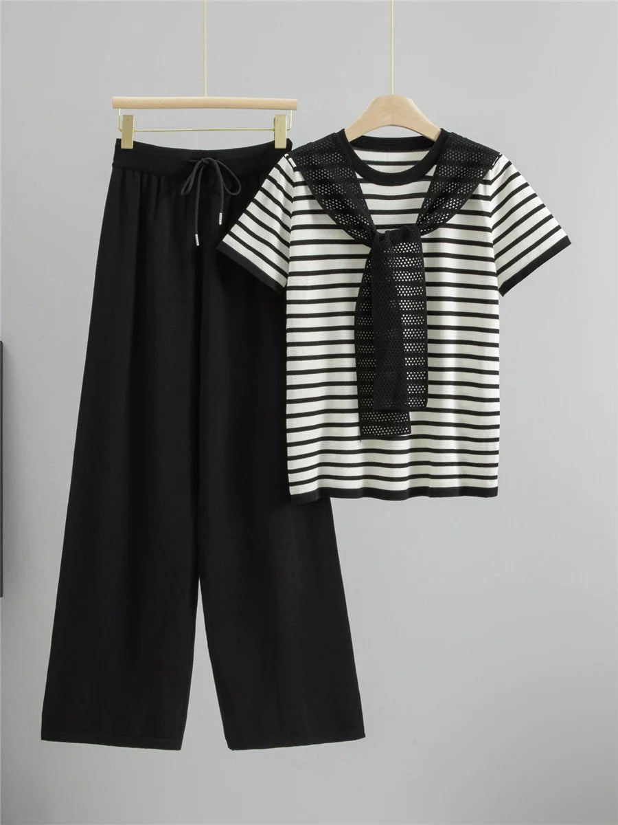 Black – Drawstring Short-Sleeve Striped Two-Piece Set