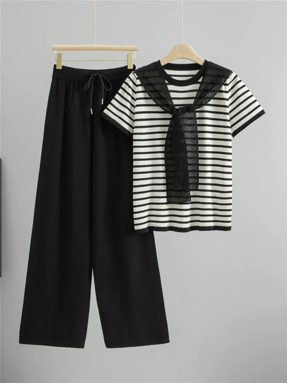 Black – Drawstring Short-Sleeve Striped Two-Piece Set