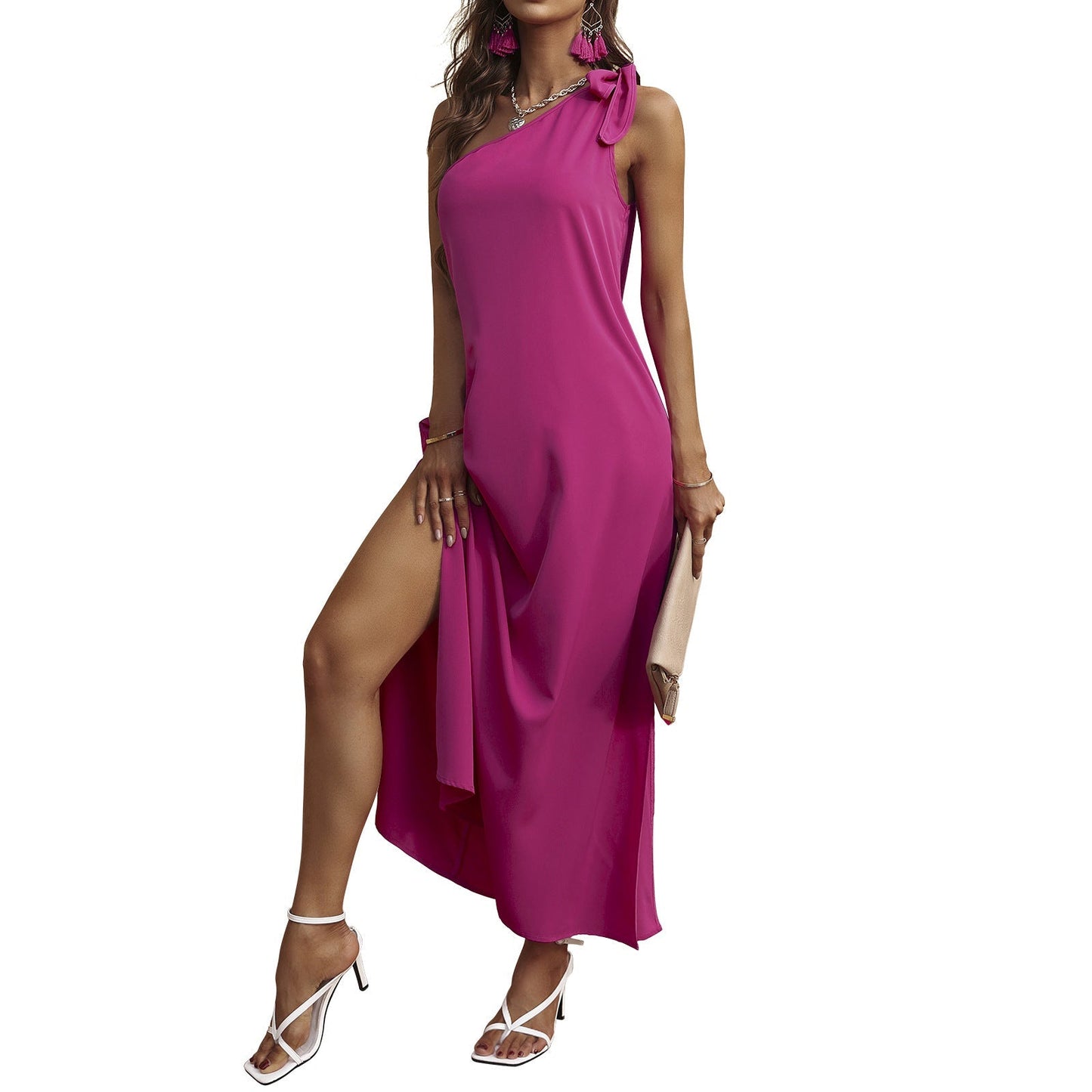 One Shoulder Bow Tie Side Slit Maxi Dress