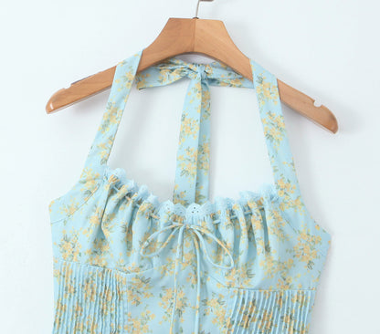 Blue - Sexy Floral Halter Neck Dress