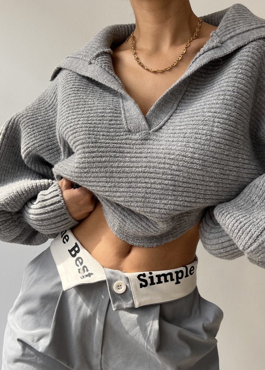 Minimalist Ribbed Collared Knit Sweater