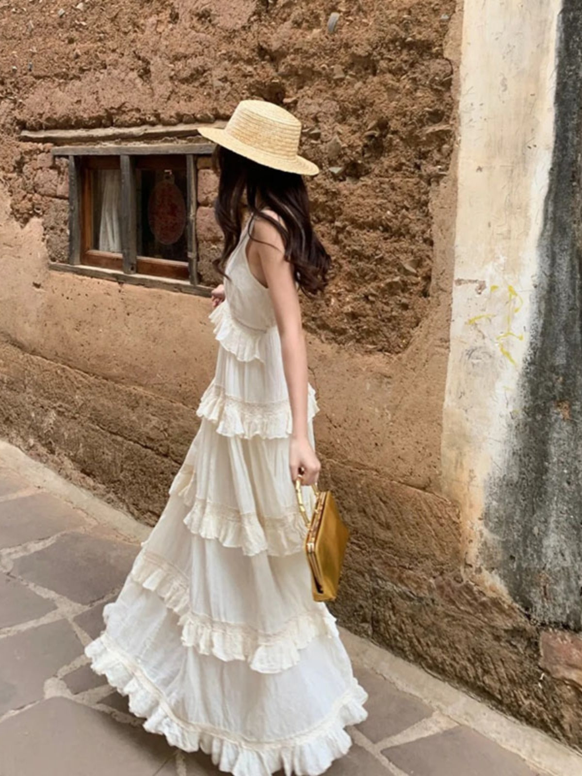 French Soft Ruffle Tiered Maxi Dress Elegant Cotton Linen Vacation Gown for Summer gunne sax vintage dress