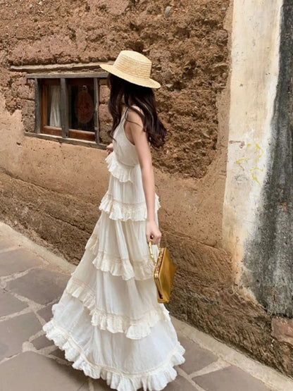French Soft Ruffle Tiered Maxi Dress Elegant Cotton Linen Vacation Gown for Summer gunne sax vintage dress