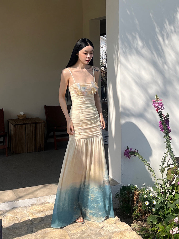 Miyama Bloom Hand-Embroidered Gradient Ruched Dress Artistic Floral Gown