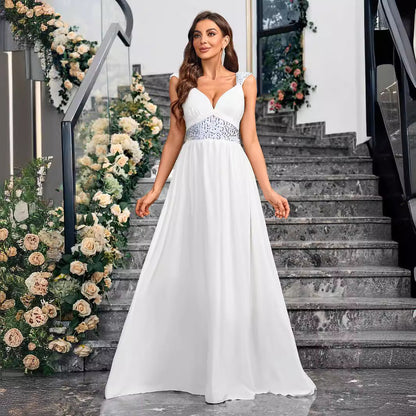 Sequin Strap Deep V Gathered Bust Chiffon Empire Maxi Gown