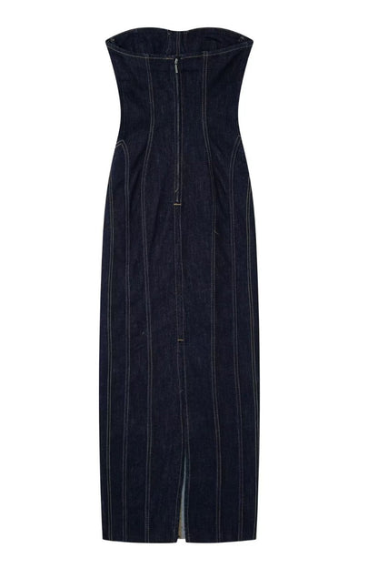 Arlene Strapless Back Slit Denim Maxi Dress