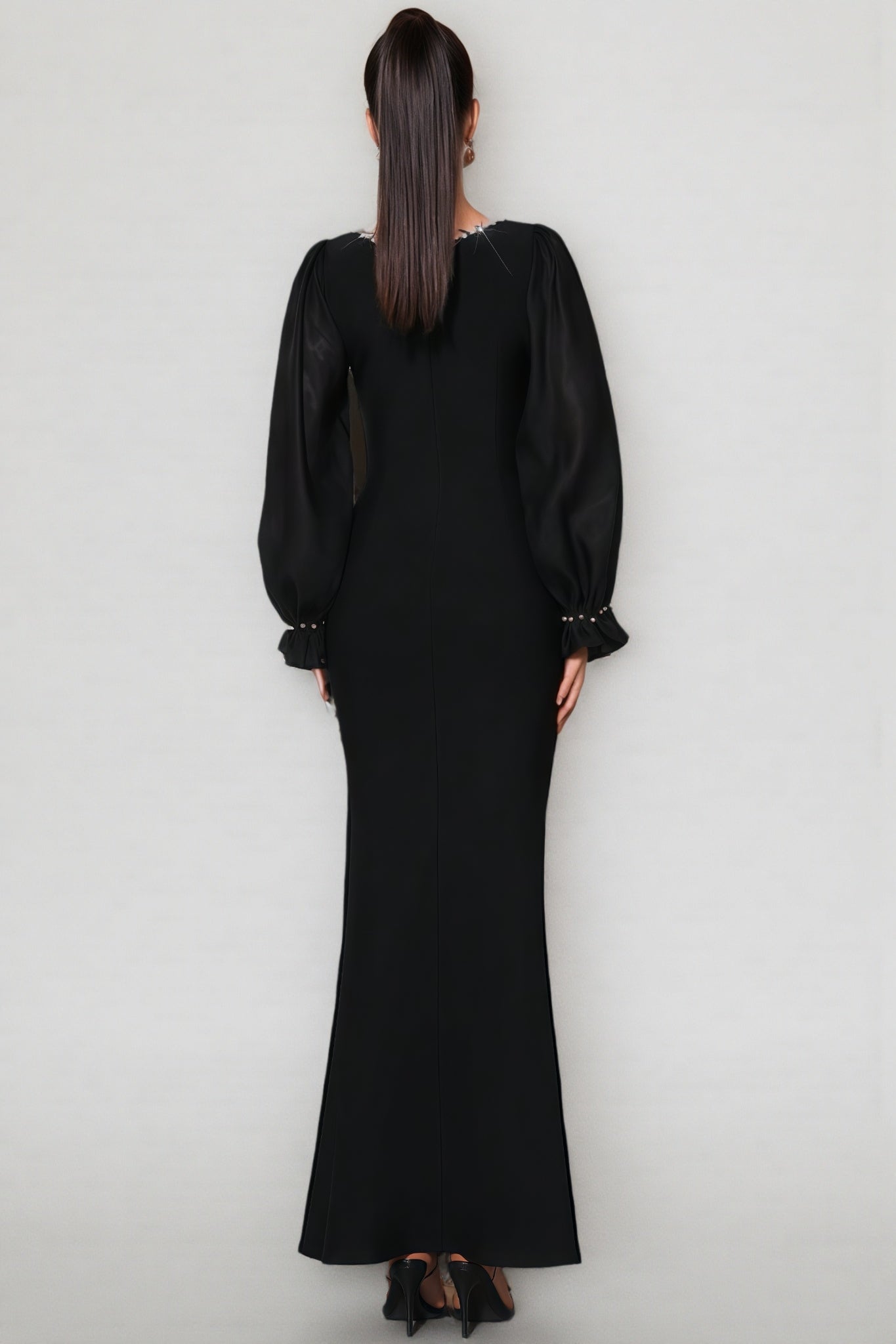 Thariy Black Square Neck Rhinestone Maxi Dress
