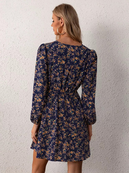 Wrap V-Neck Balloon Sleeve Elastic Waist Floral A-Line Mini Dress
