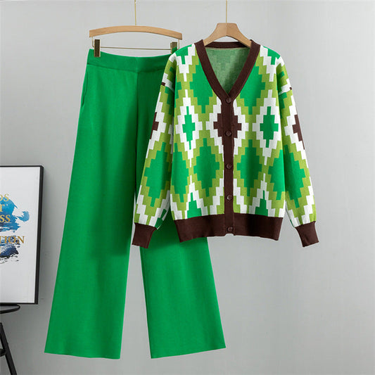 Green - Knitted Cardigan Jacket Two Piece Set