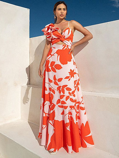 One Shoulder Ruffle Cutout Printed Swimsuit & Skirt Coord Set