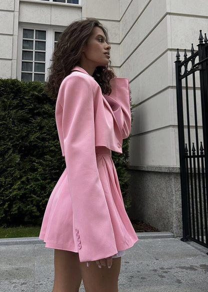 Pink Cropped Blazer and Skater Skirt Set - Playful Elegance