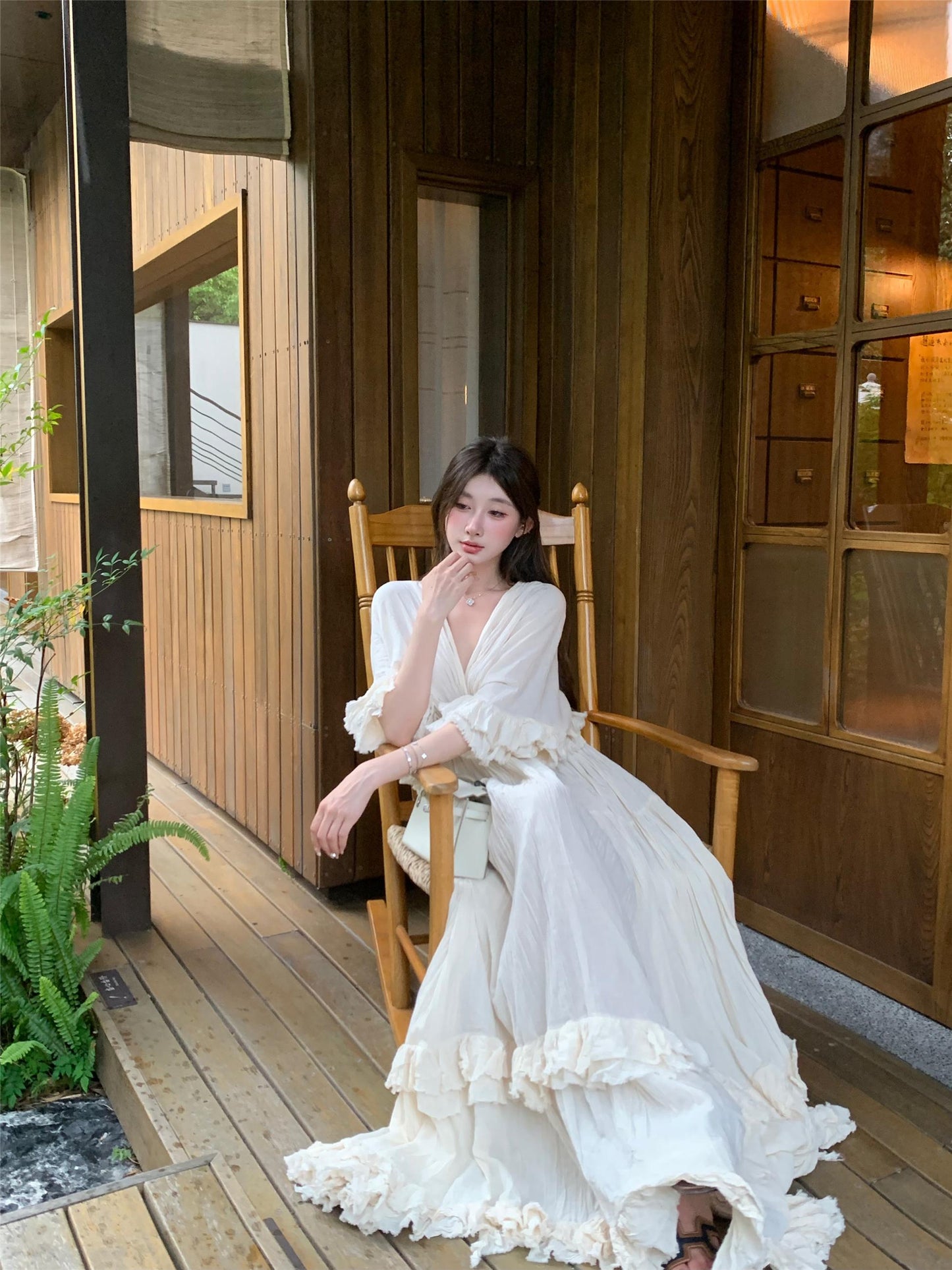 Tailande Linen Maxi Dress V-Neck Ruffle Goddess Gown with 10-Meter Full Hem