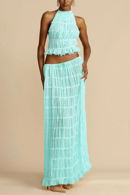 Versatile retro charm pleated drawstring waistline long skirt set