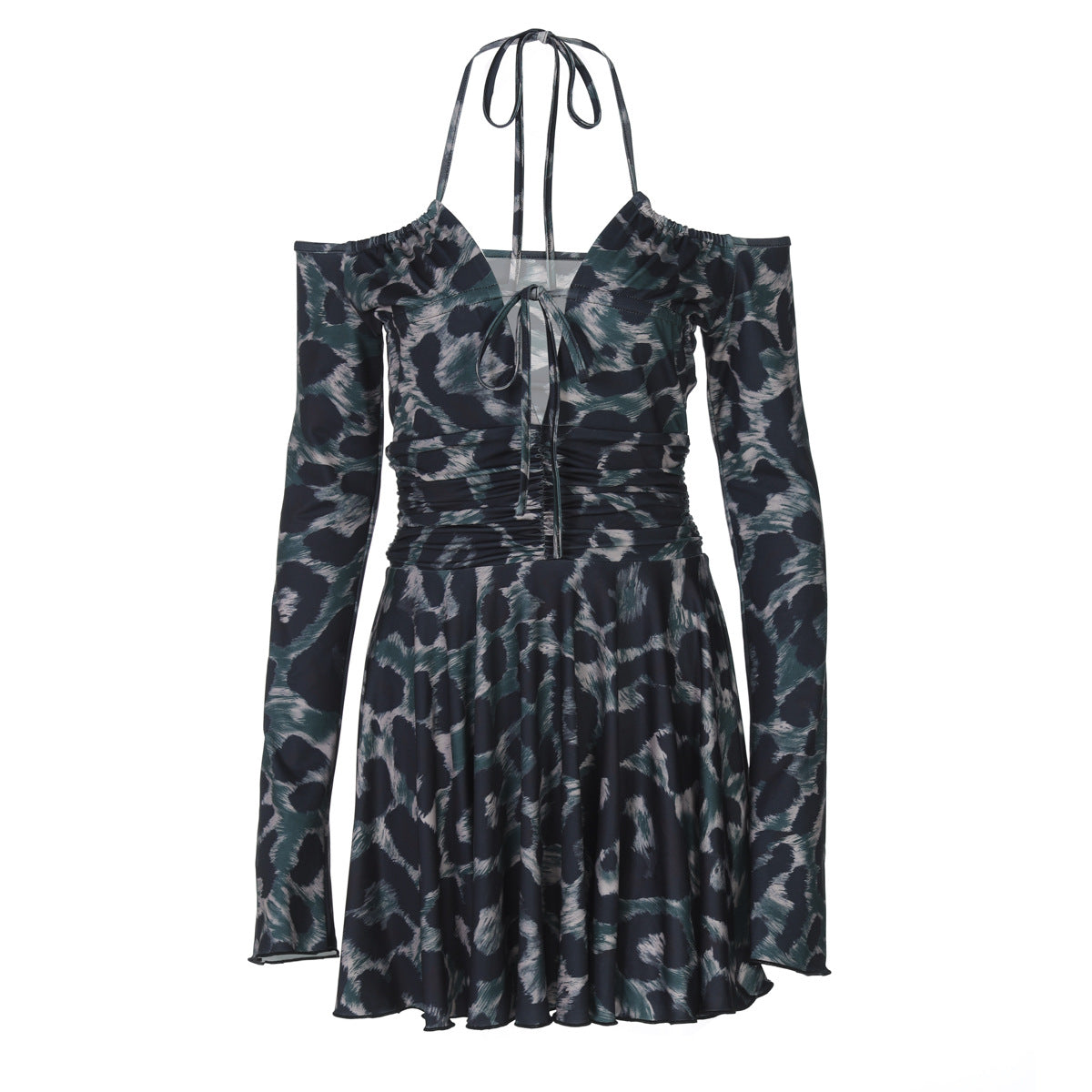 Abstract Print Mesh Off-Shoulder Tie Front Cutout Pleated Mini Dress