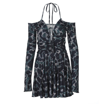 Abstract Print Mesh Off-Shoulder Tie Front Cutout Pleated Mini Dress
