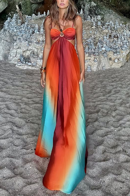 Queen Neon Sunset Printed Metal Decor Sexy Hollow Back Lace Holiday Long Dress