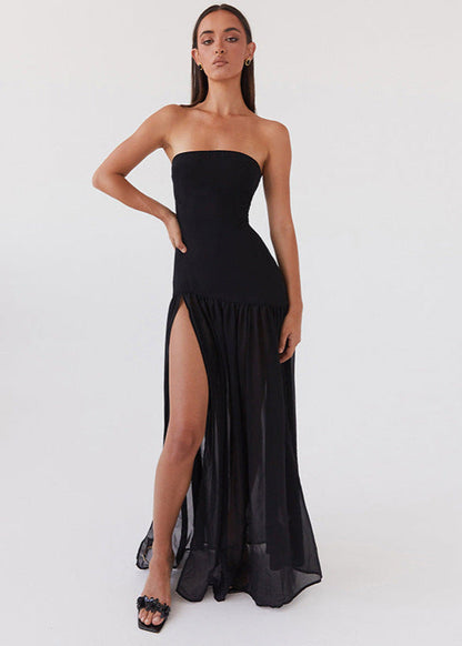 Noir Tide – Strapless Black Maxi Dress with Sheer Skirt and Side Slit