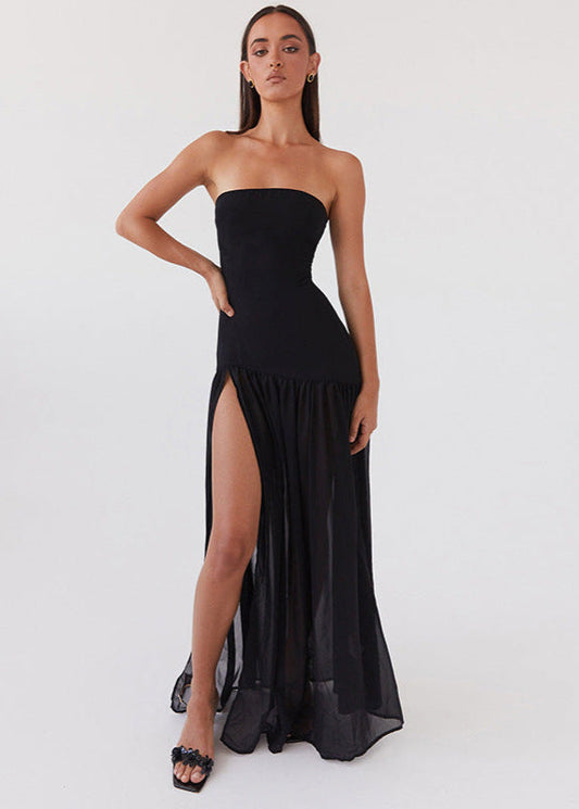 Noir Tide – Strapless Black Maxi Dress with Sheer Skirt and Side Slit