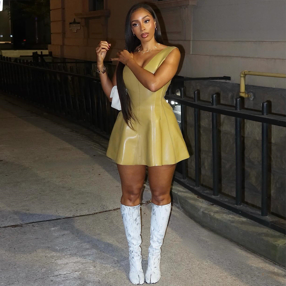 Faux Leather V-Neck Paneled Fit-and-Flare Mini Dress