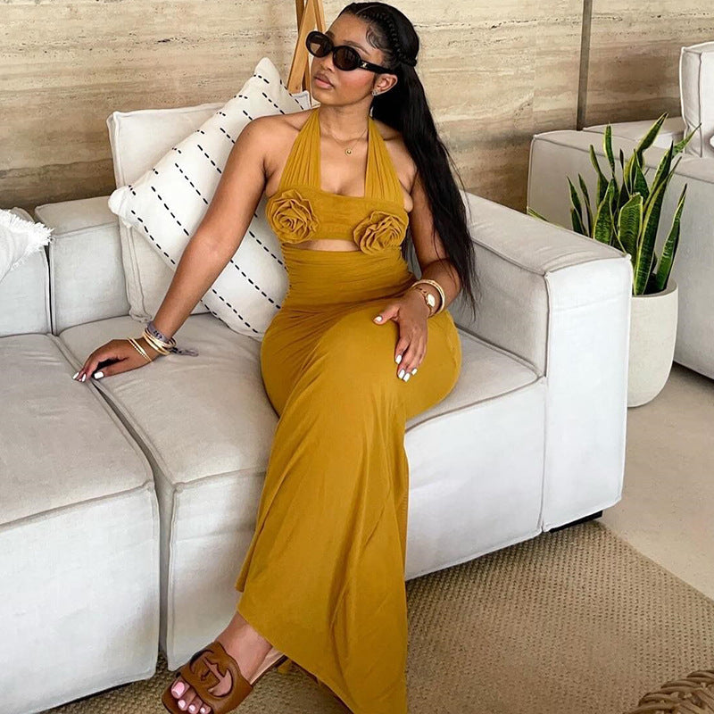 Halter Neck 3D Applique Midriff Cut Out Bodycon Maxi Dress