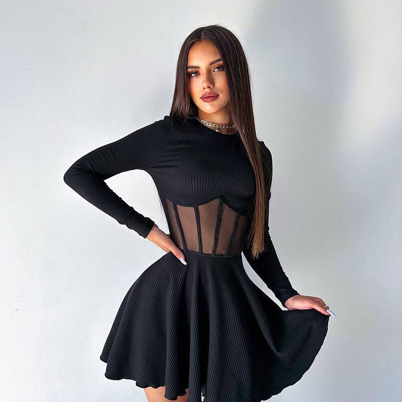 Crew Neck Corset Cage Waist Ribbed Knit Fit And Flare Mini Dress