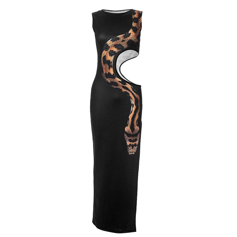 Sleeveless crewneck snake print hollow out slit cut out maxi dress