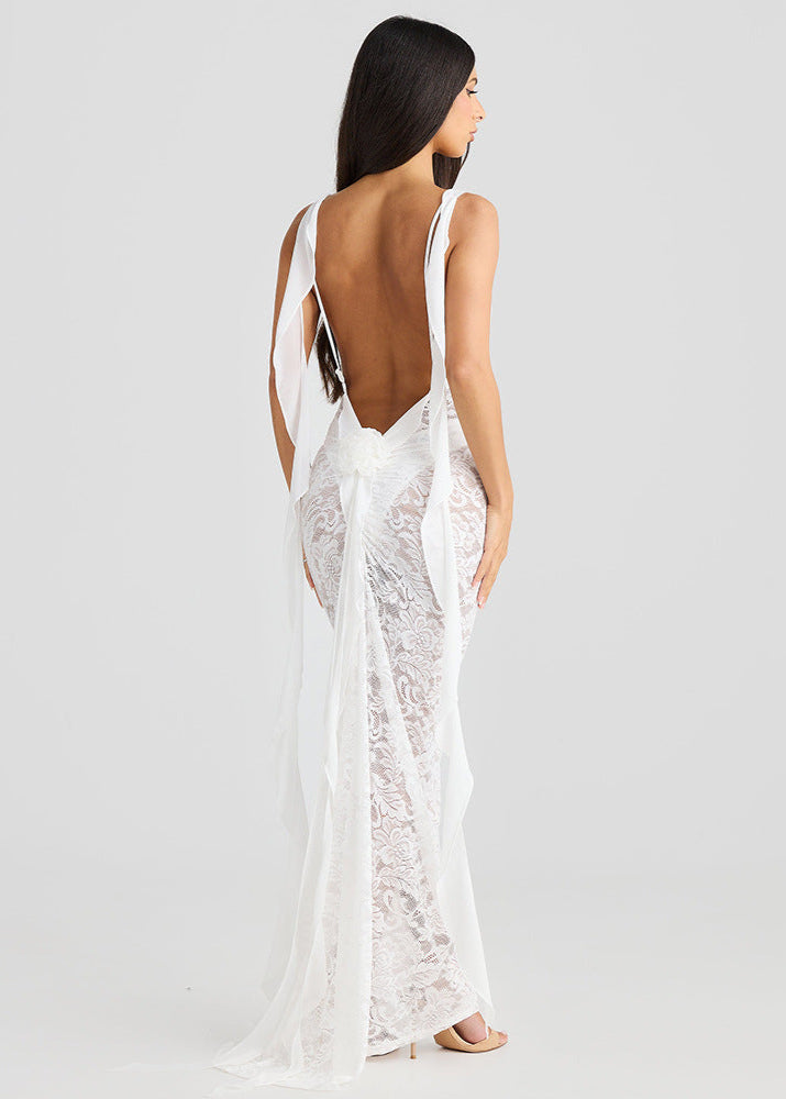Celestine - Sheer Lace Backless Maxi Dress