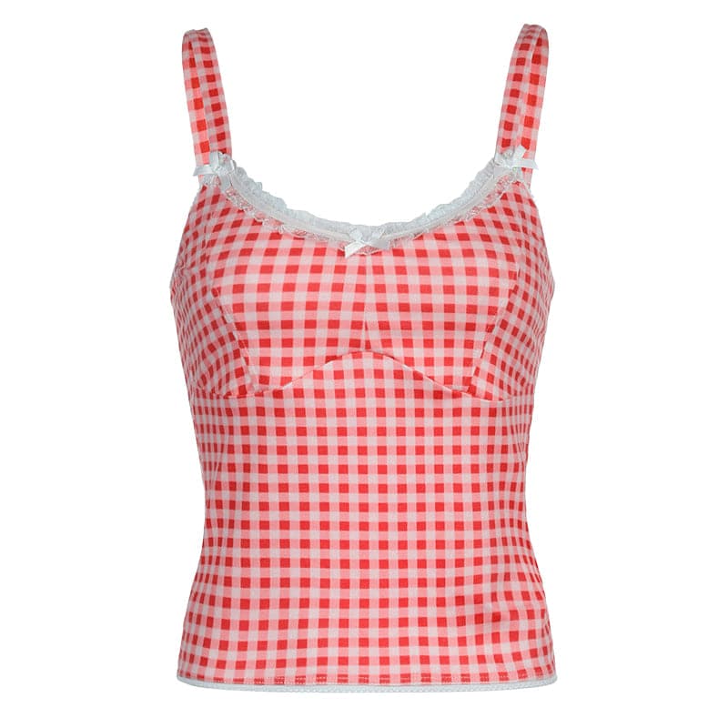 Lace hem plaid backless bowknot cami top