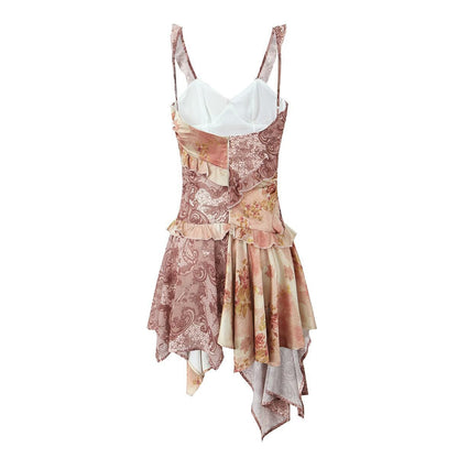 Vintage Print Asymmetrical Hem Mini Dress Sexy Spaghetti Strap Bodycon