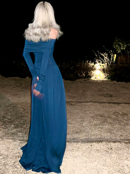 French Klein Blue Off-Shoulder Slim Dress