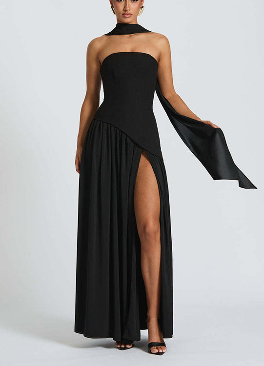 consonak Strapless Back Lace-up High Slit Splice Maxi Dress