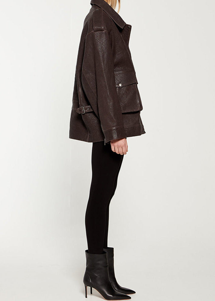 Noir Edge - Dark Brown Leather Jacket with Utility Pockets