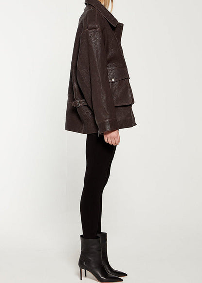 Noir Edge - Dark Brown Leather Jacket with Utility Pockets