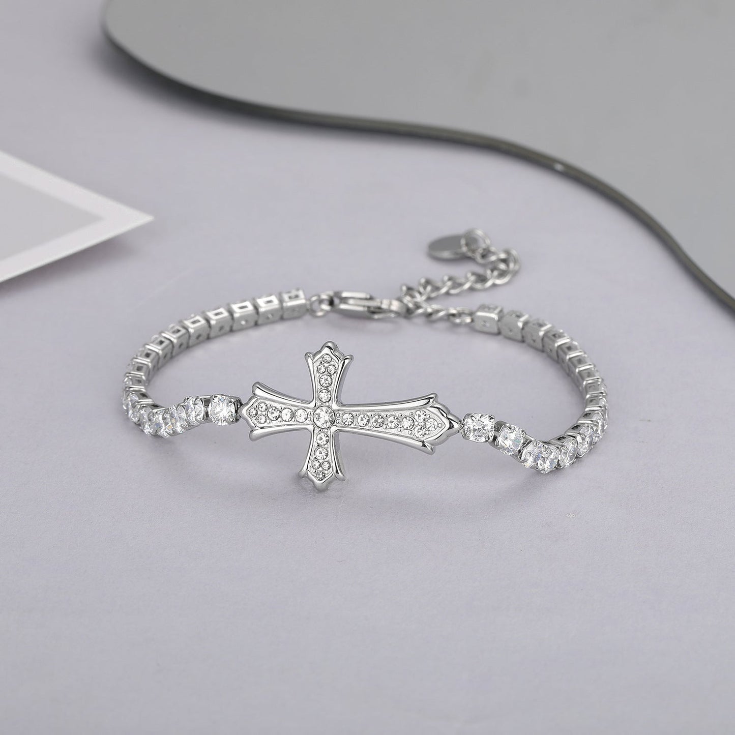 Sparkly Full Zircon Cross Titanium Steel Fadeless Chain Bracelet