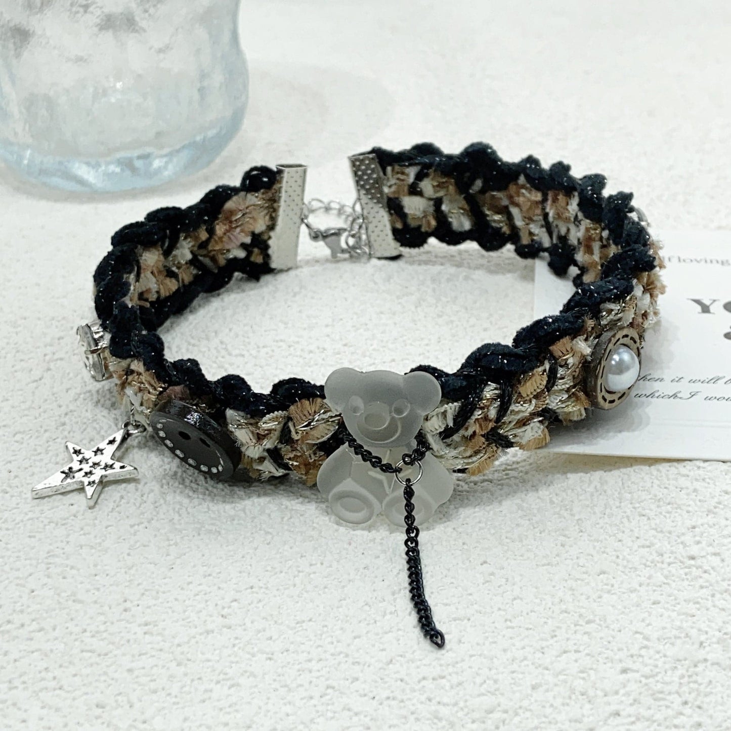 Button bear decor contrast necklace