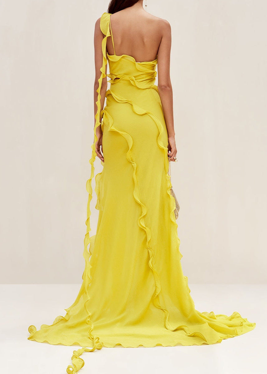 Solara – One-Shoulder Ruffle Slit Gown