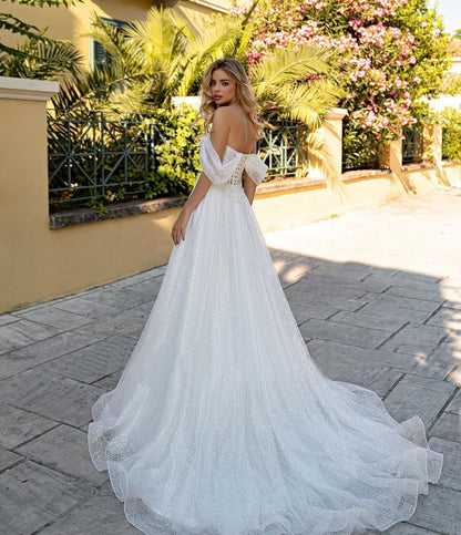 Off-Shoulder Deep V Sparkle Wedding Dress