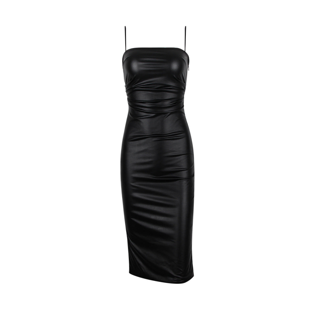 Square Neck Spaghetti Strap Faux Leather Bodycon Midi Dress