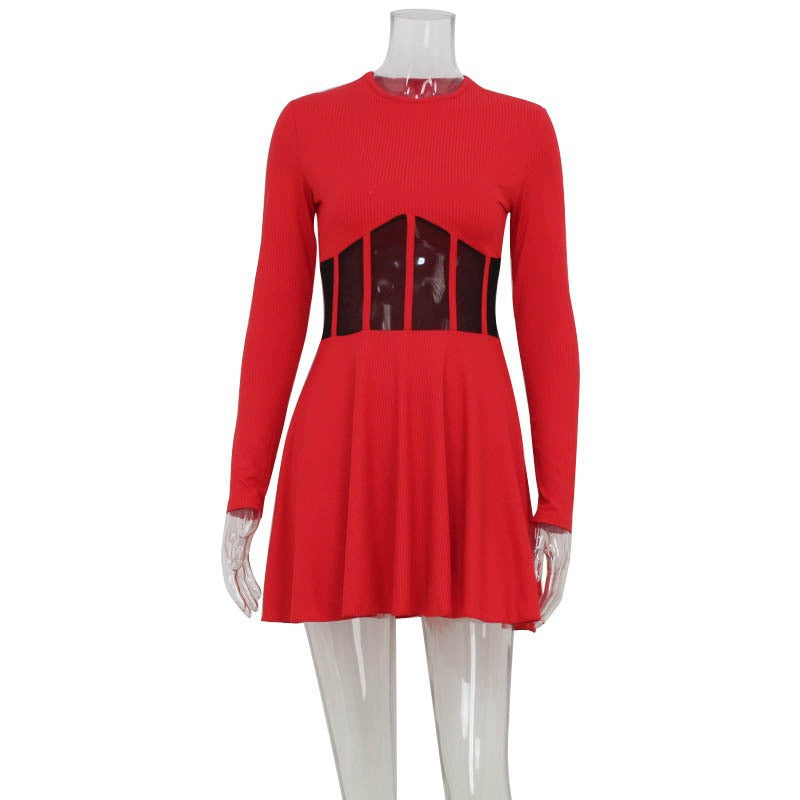 Crew Neck Corset Cage Waist Ribbed Knit Fit And Flare Mini Dress