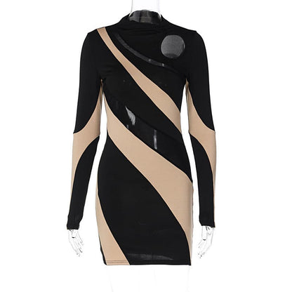 Mock Neck Mesh Panel Geometric Patchwork Long Sleeve Mini Dress