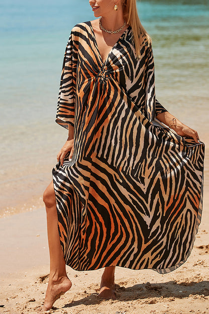 Simple Unique Printed Pleated Front Slit Cover Up